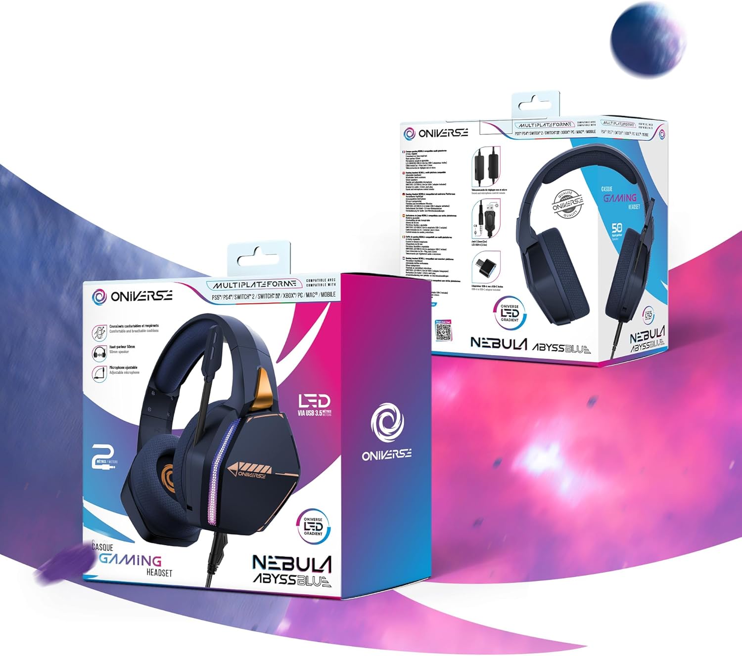 Gaming-headset PS5 PS4 Switch 2 Xbox PC Mac met verstelbare microfoon, LED, luidsprekers 50 mm, oorkussens van ademende stof, bekabeld, Nebula Abyss Blue