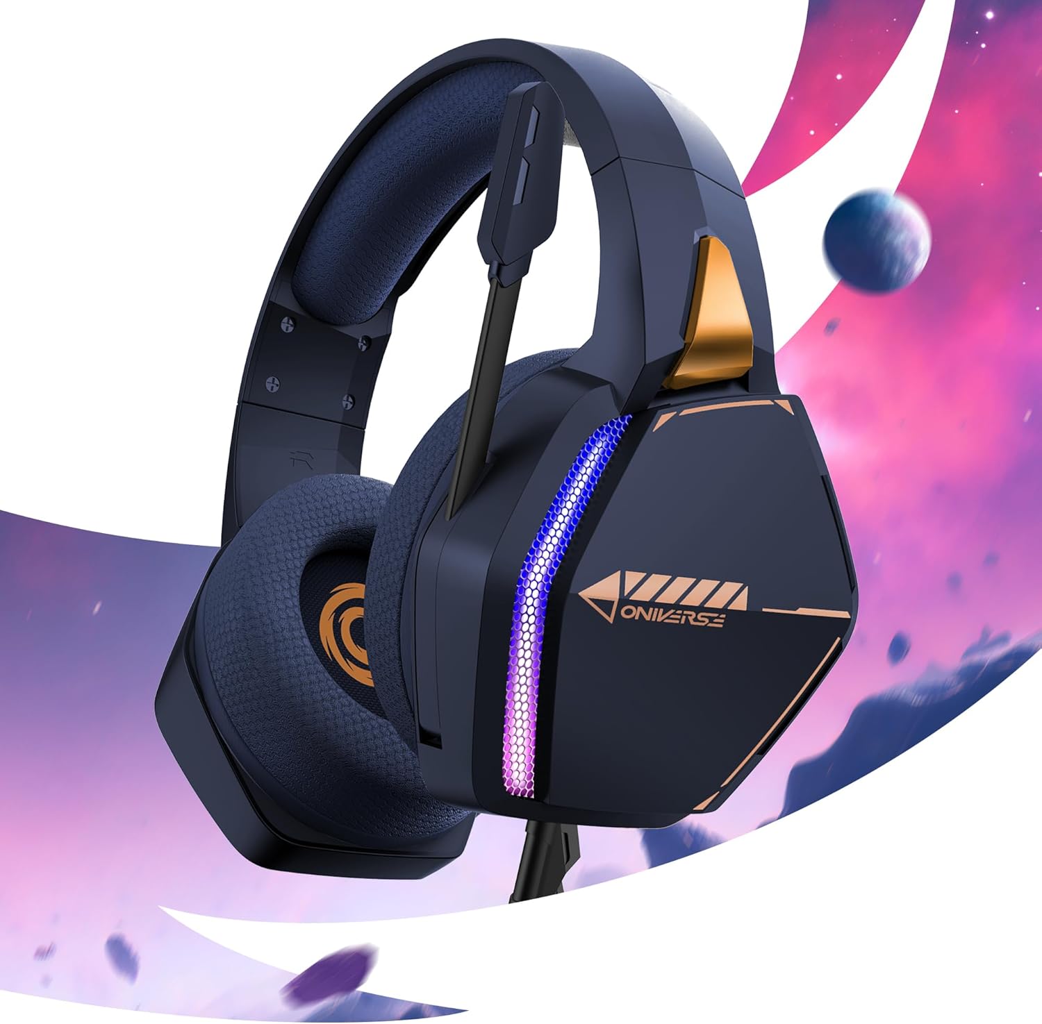 Gaming-headset PS5 PS4 Switch 2 Xbox PC Mac met verstelbare microfoon, LED, luidsprekers 50 mm, oorkussens van ademende stof, bekabeld, Nebula Abyss Blue