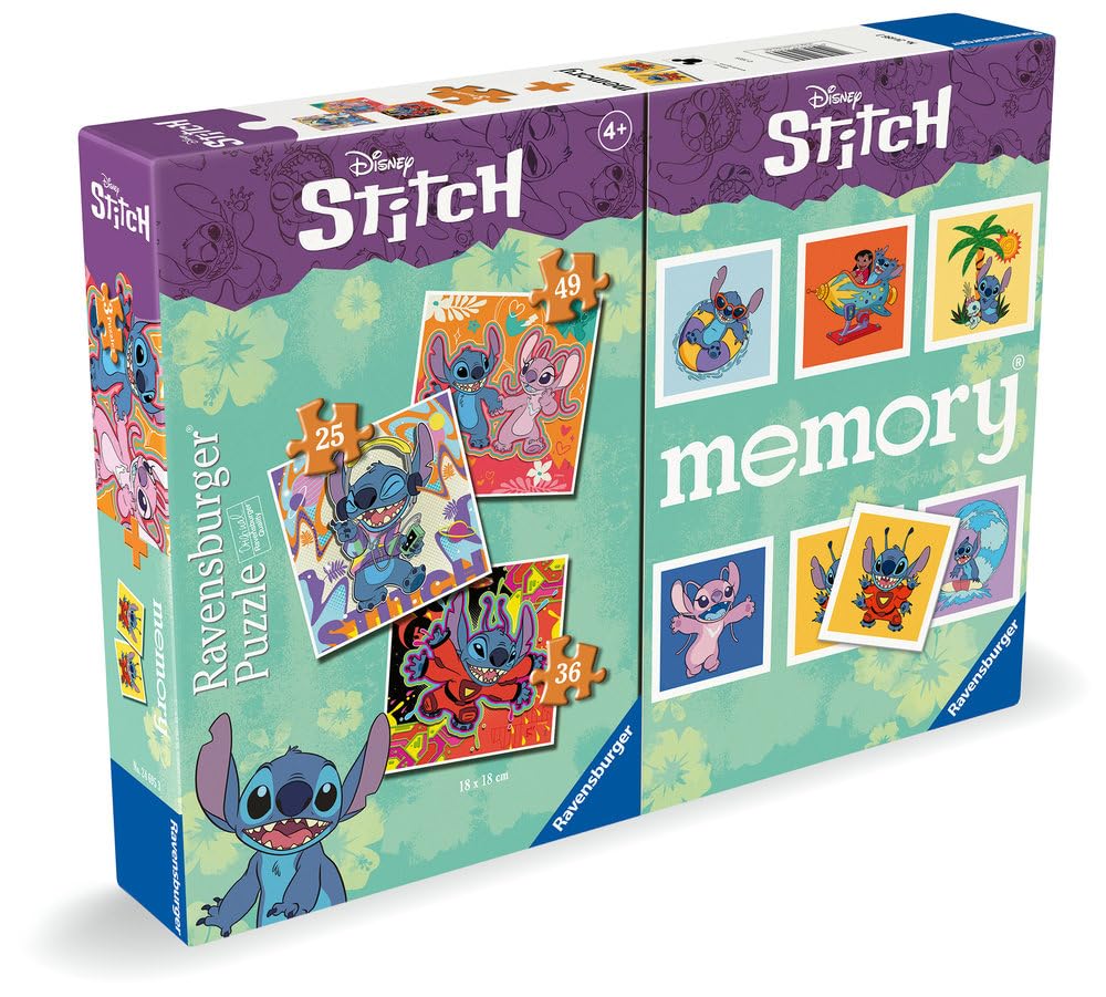 Ravensburger - Memory and Puzzle Stitch Pack | Board Games 4 Years or More | Memory Game Kids + Disney Puzzle 49 Pieces | Lilo and Stitch Gifts Girl