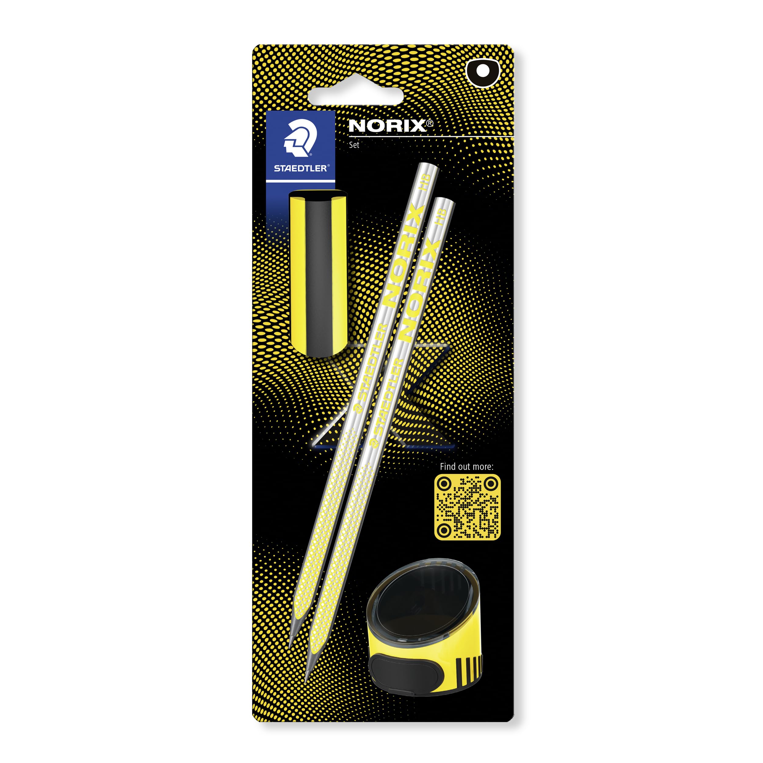 STAEDTLER HB Tekenpotloden - voor schetsen en schrijven - NORIX - Inclusief 2 HB potloden, puntenslijper & gum in geel - Set van 4, 181 SBK2-1
