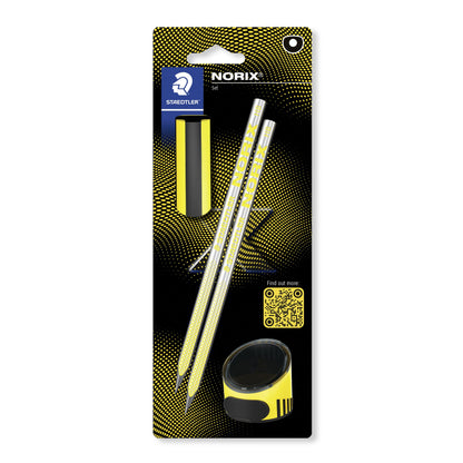 STAEDTLER HB Tekenpotloden - voor schetsen en schrijven - NORIX - Inclusief 2 HB potloden, puntenslijper & gum in geel - Set van 4, 181 SBK2-1