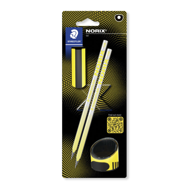 STAEDTLER HB Tekenpotloden - voor schetsen en schrijven - NORIX - Inclusief 2 HB potloden, puntenslijper & gum in geel - Set van 4, 181 SBK2-1