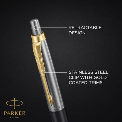 Parker Jotter Penna a Sfera | Laccatura Grigia con Pennino Dorato | Punta Media | Ricarica di Inchiostro Blu | Confezione Regalo | Regali di Laurea Perfetti