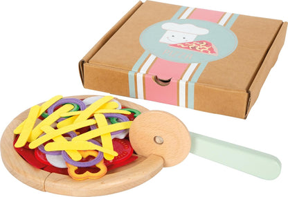 small foot houten pizzaset, pizza snijden met pizzadoos en beleg, accessoires voor de kinderkeuken, rollenspeelgoed voor kinderen vanaf 3 jaar, 12697