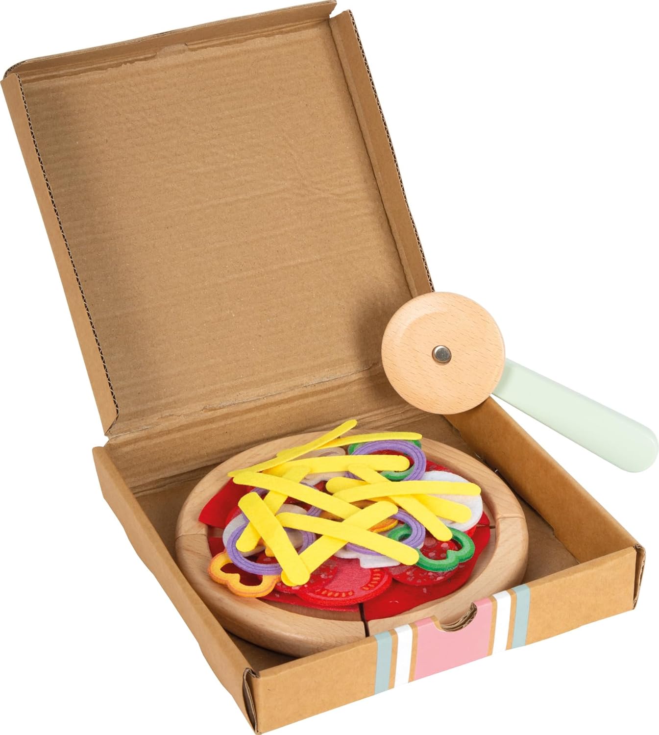 small foot houten pizzaset, pizza snijden met pizzadoos en beleg, accessoires voor de kinderkeuken, rollenspeelgoed voor kinderen vanaf 3 jaar, 12697