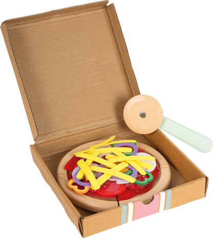 small foot houten pizzaset, pizza snijden met pizzadoos en beleg, accessoires voor de kinderkeuken, rollenspeelgoed voor kinderen vanaf 3 jaar, 12697