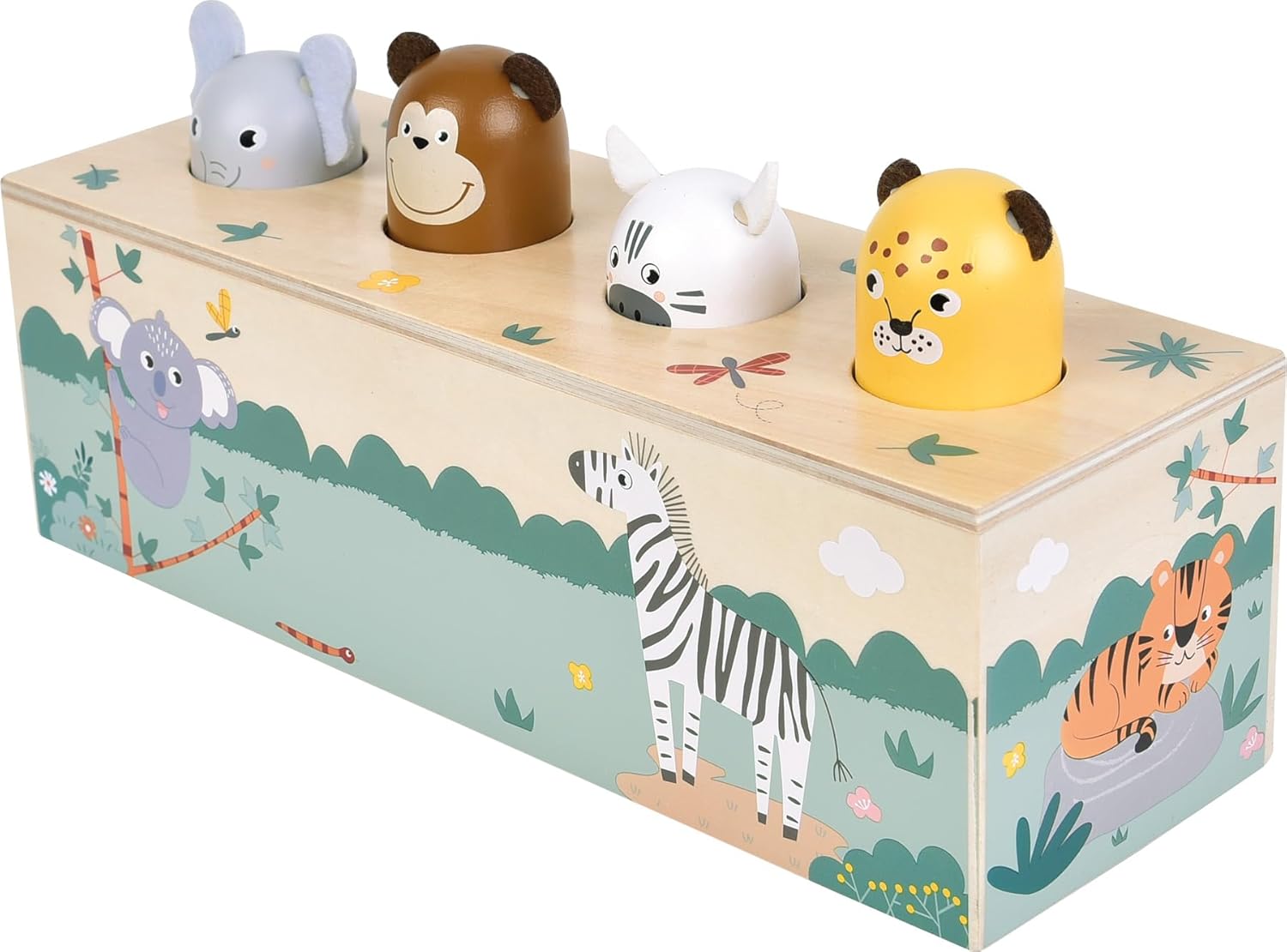 small foot Dierengeluiden duwspeelgoed 'Safari', FSC-gecertificeerd hout, 4 dieren met geluid en pop-up-actie, vanaf 1 jaar, 12757