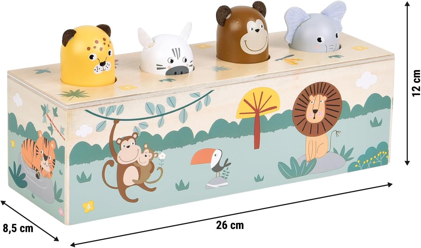 small foot Dierengeluiden duwspeelgoed 'Safari', FSC-gecertificeerd hout, 4 dieren met geluid en pop-up-actie, vanaf 1 jaar, 12757