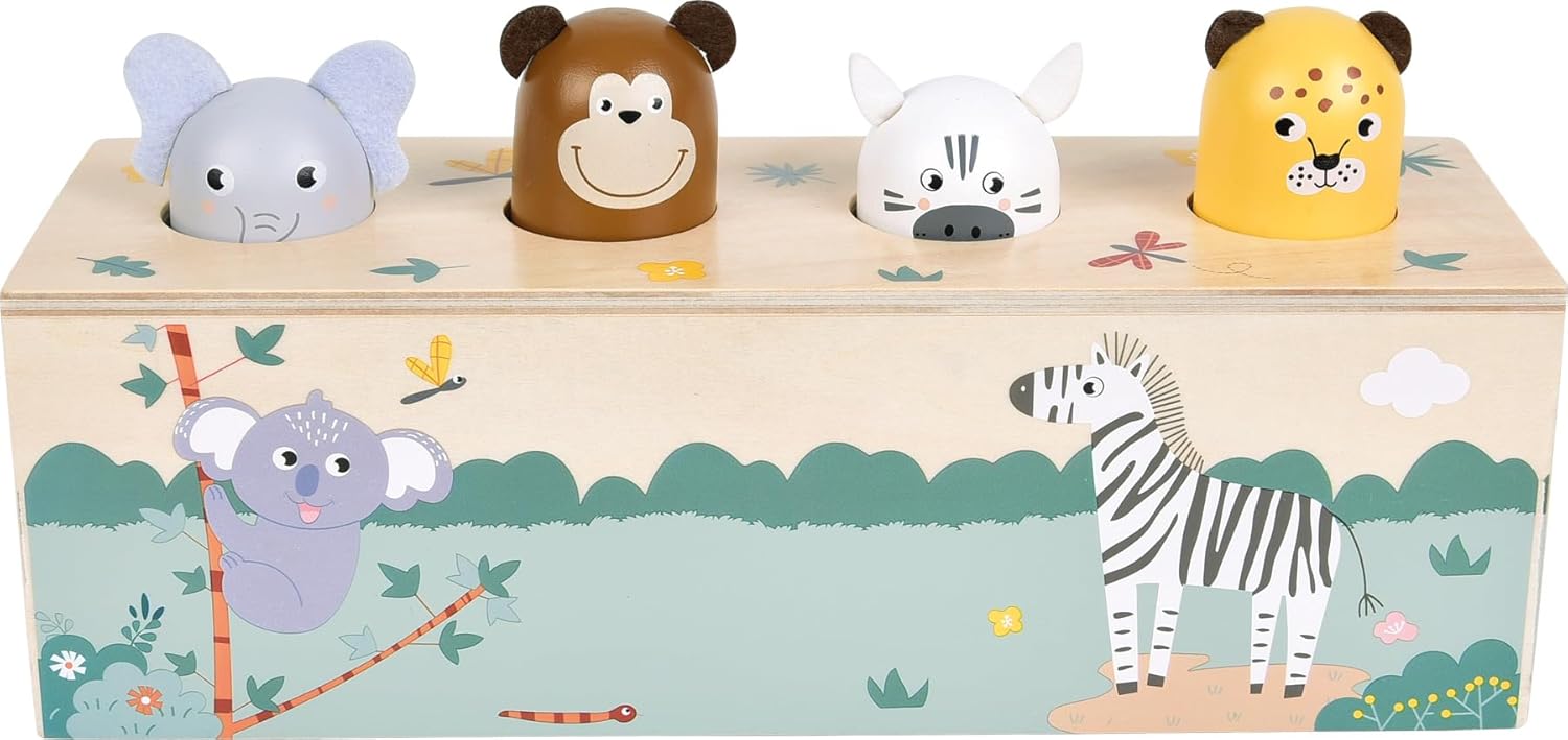 small foot Dierengeluiden duwspeelgoed 'Safari', FSC-gecertificeerd hout, 4 dieren met geluid en pop-up-actie, vanaf 1 jaar, 12757