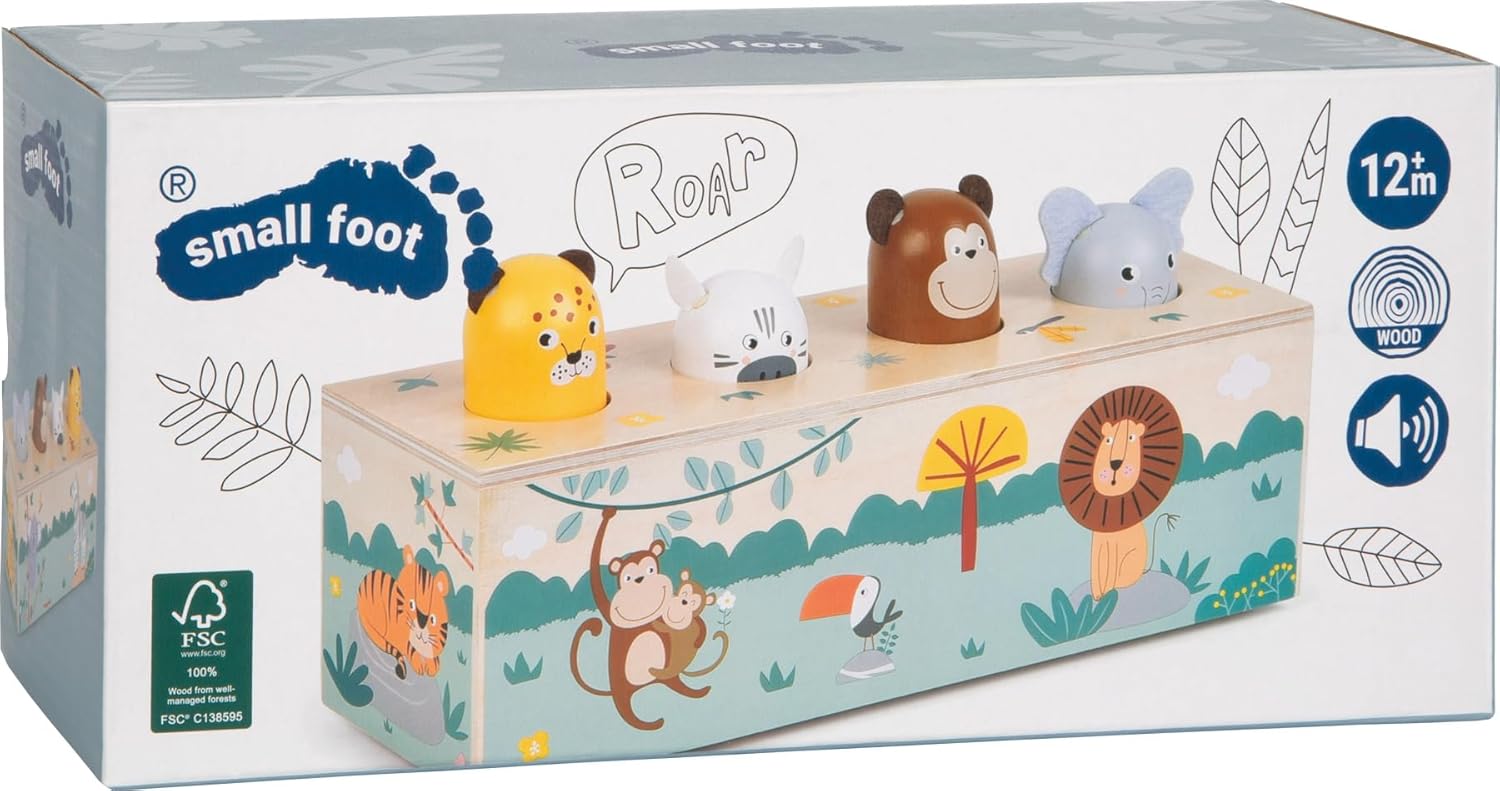 small foot Dierengeluiden duwspeelgoed 'Safari', FSC-gecertificeerd hout, 4 dieren met geluid en pop-up-actie, vanaf 1 jaar, 12757