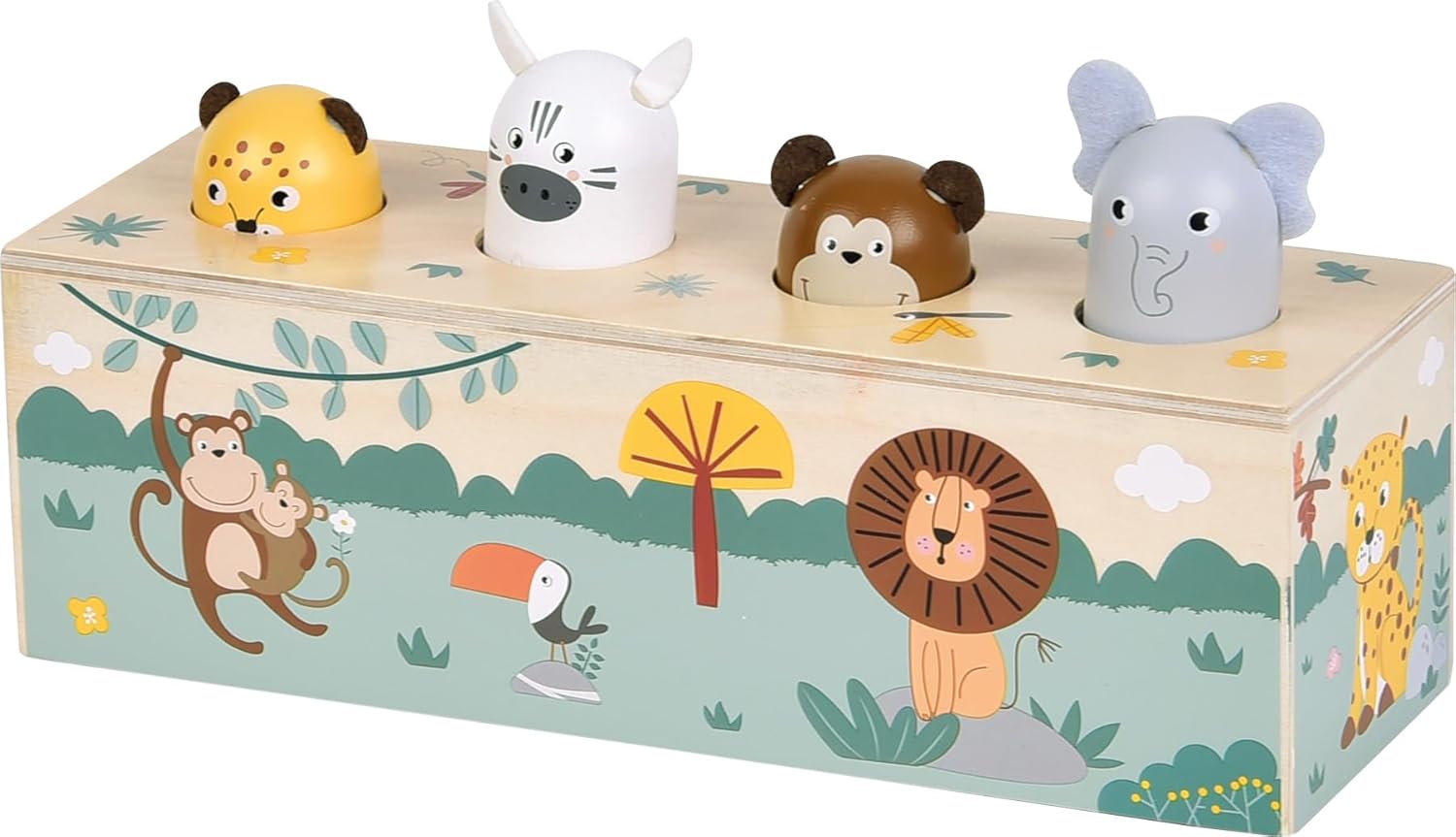 small foot Dierengeluiden duwspeelgoed 'Safari', FSC-gecertificeerd hout, 4 dieren met geluid en pop-up-actie, vanaf 1 jaar, 12757