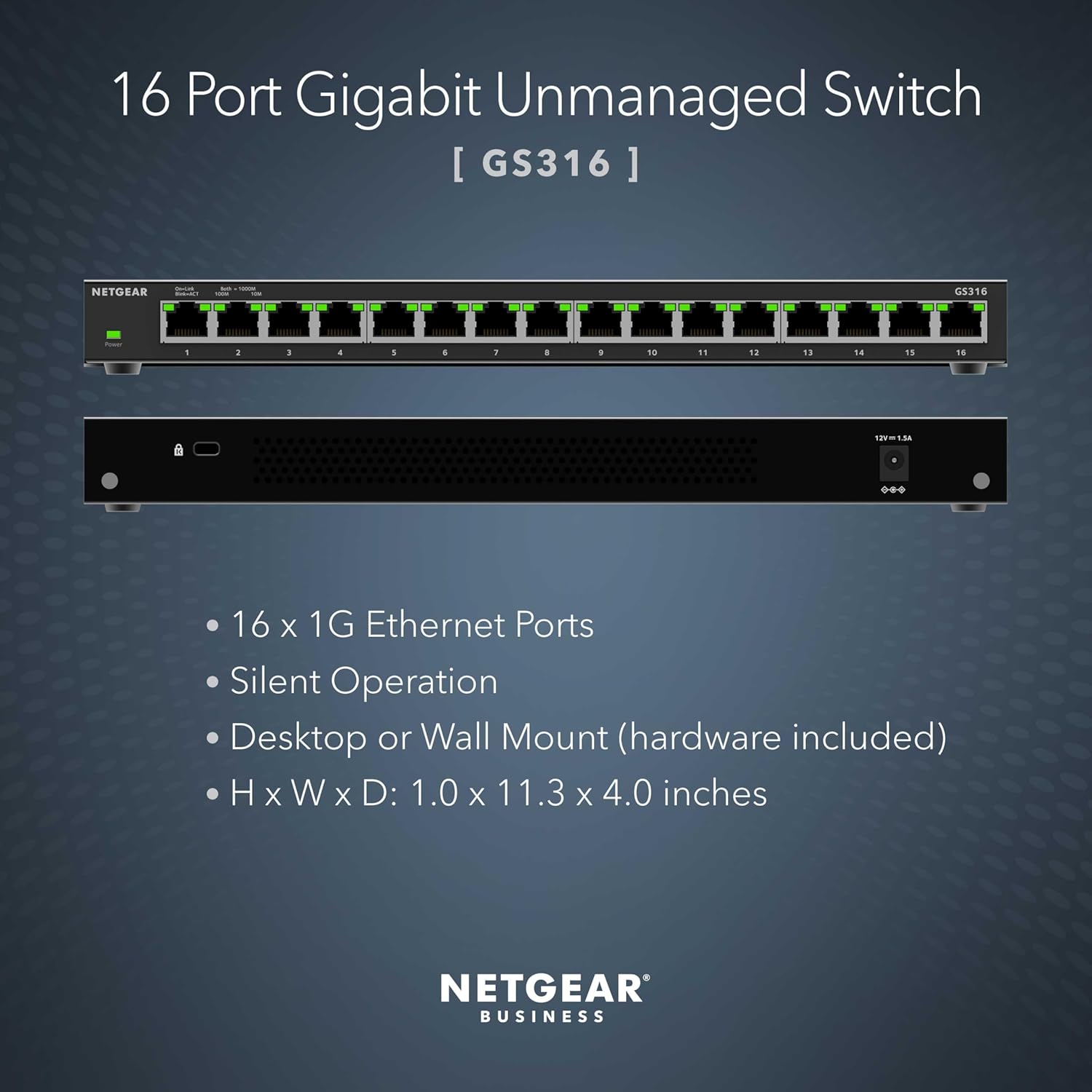 NETGEAR 16-Port Gigabit Ethernet Unmanaged Switch (GS316) - Desktop, Wall, or Rackmount, Silent Operation