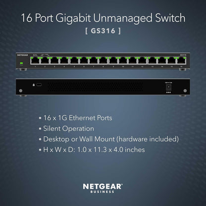 NETGEAR 16-Port Gigabit Ethernet Unmanaged Switch (GS316) - Desktop, Wall, or Rackmount, Silent Operation