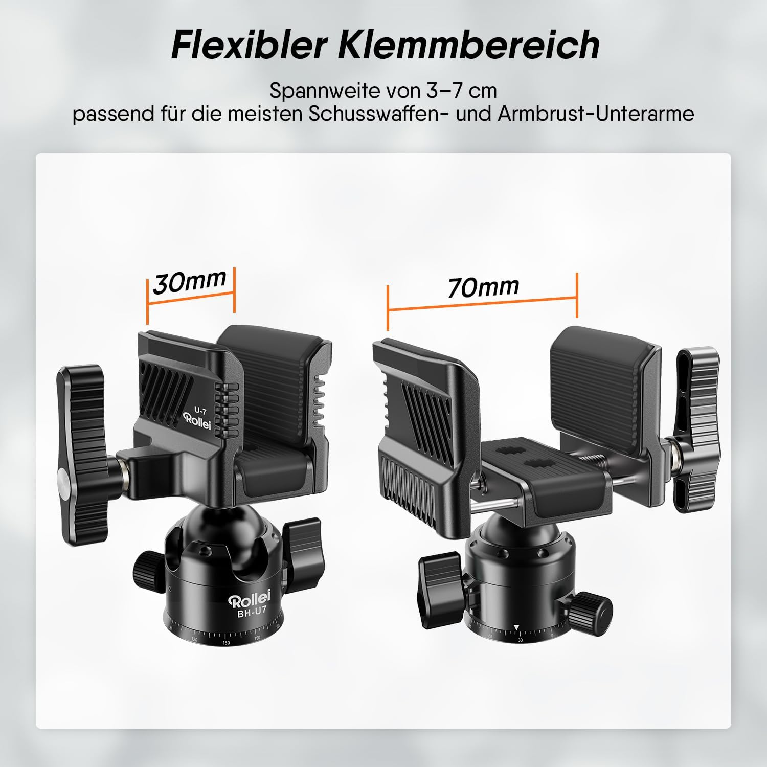 Rollei BH-U7 Ball Head Rifle Clamp 360° Rotation Hunting Accessories Span 3-7cm Aluminium & Rubber for Grifle Rest Shooting Stand 10kg Load Capacity 600g