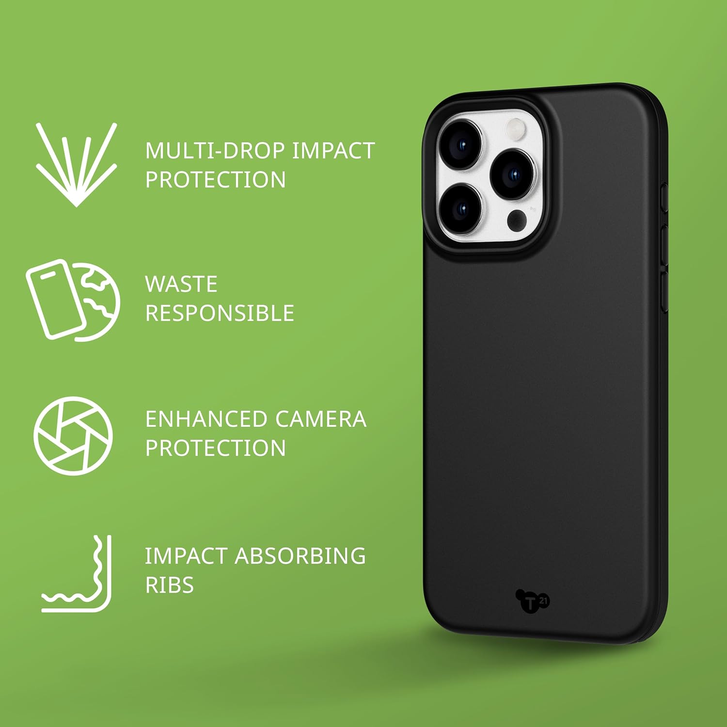 Tech21 Evo Lite hoesje voor iPhone 15 Pro Max, Zwart, Standaard telefoonhoesje, TPU en Biologisch afbreekbaar materiaal, Valbescherming: 3m