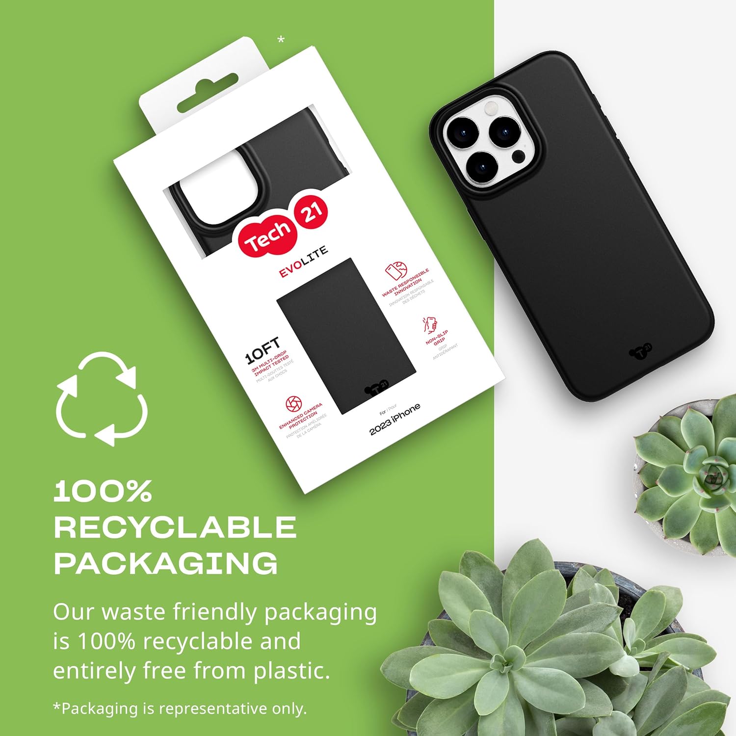 Tech21 Evo Lite hoesje voor iPhone 15 Pro Max, Zwart, Standaard telefoonhoesje, TPU en Biologisch afbreekbaar materiaal, Valbescherming: 3m