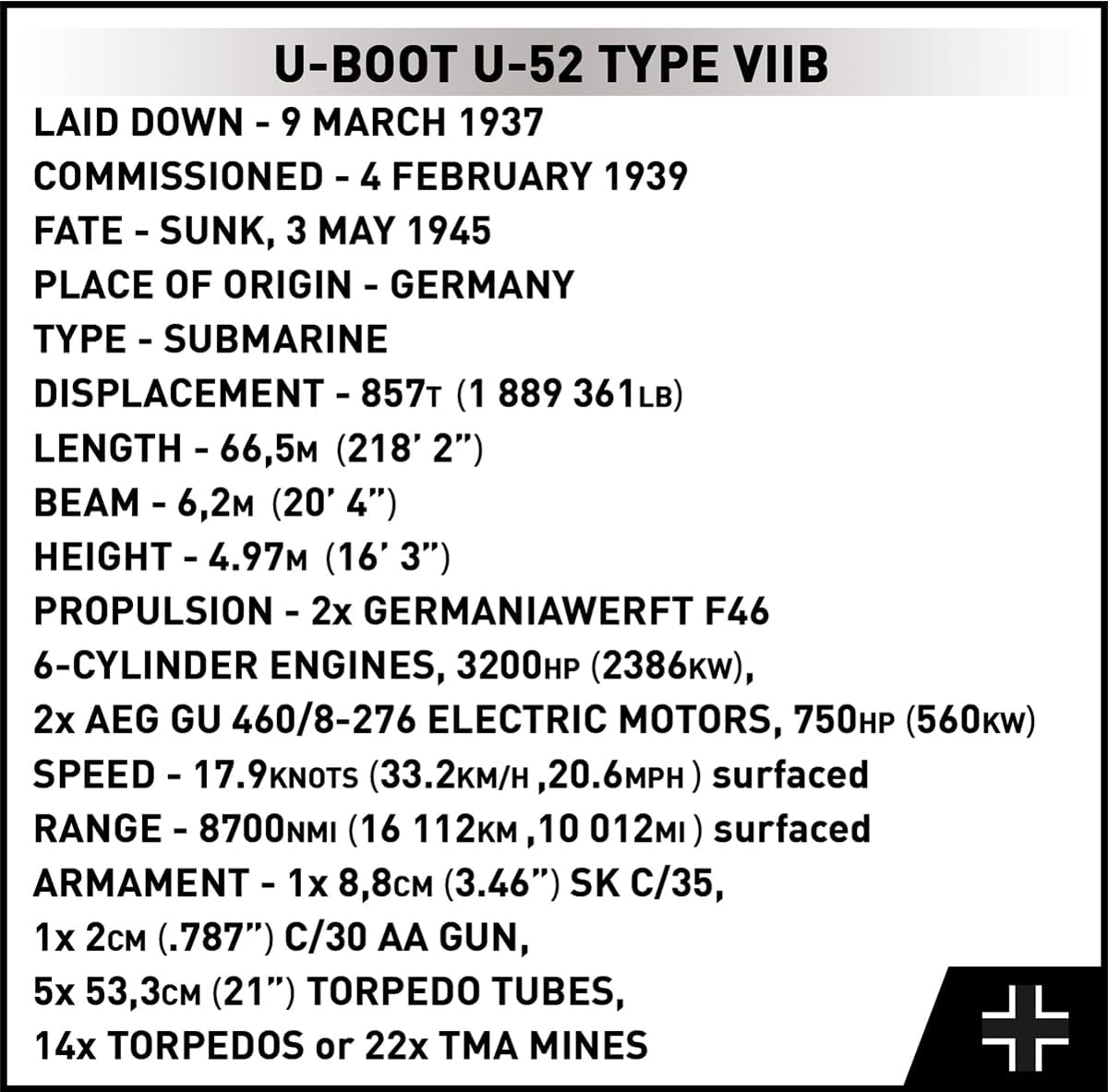German Submarine Type VIIB (U-Boat U-52
