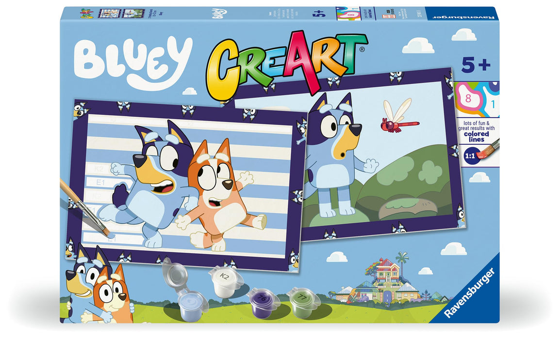 Ravensburger - CreArt Junior Series: BLUEY, Paint by Number Kit, Contains Two Pre-Printed Boards, a Brush, Colors, Creative Game for Boys and Girls 5+ Years Old