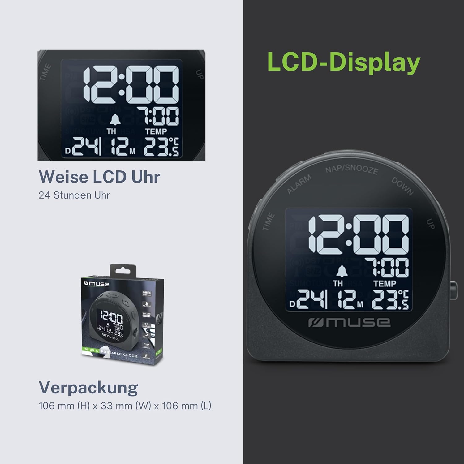 Muse: Travel Alarm Clock With Temperature And Date Display Dark Grey
