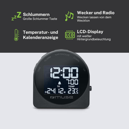 Muse: Travel Alarm Clock With Temperature And Date Display Dark Grey