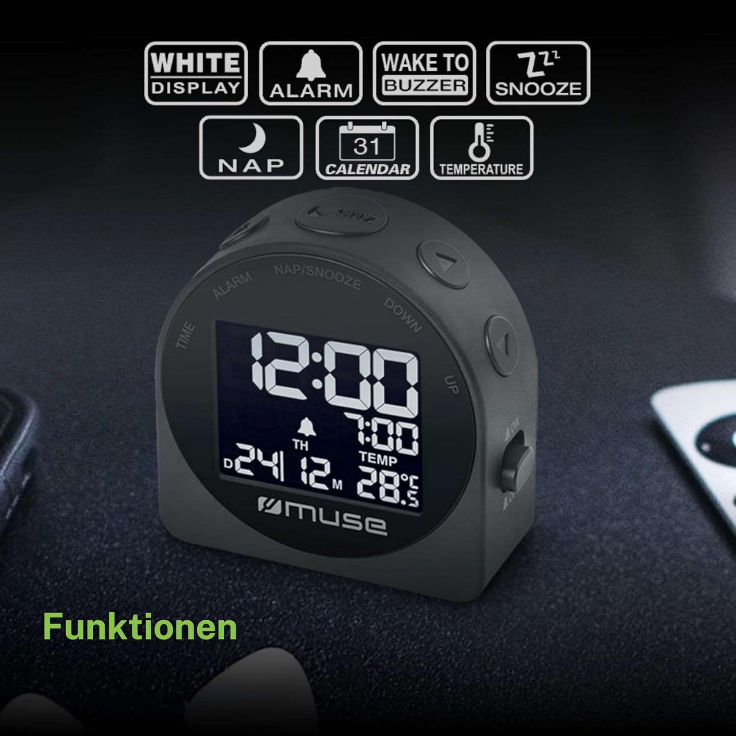 Muse: Travel Alarm Clock With Temperature And Date Display Dark Grey