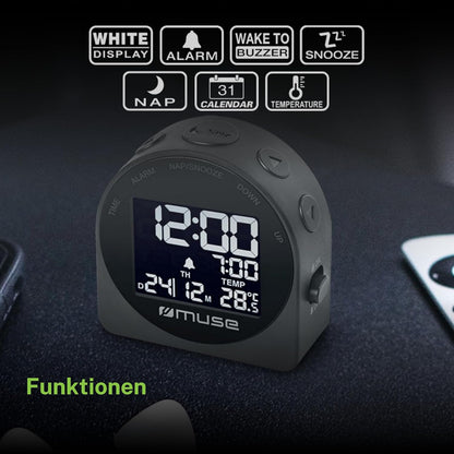 Muse: Travel Alarm Clock With Temperature And Date Display Dark Grey