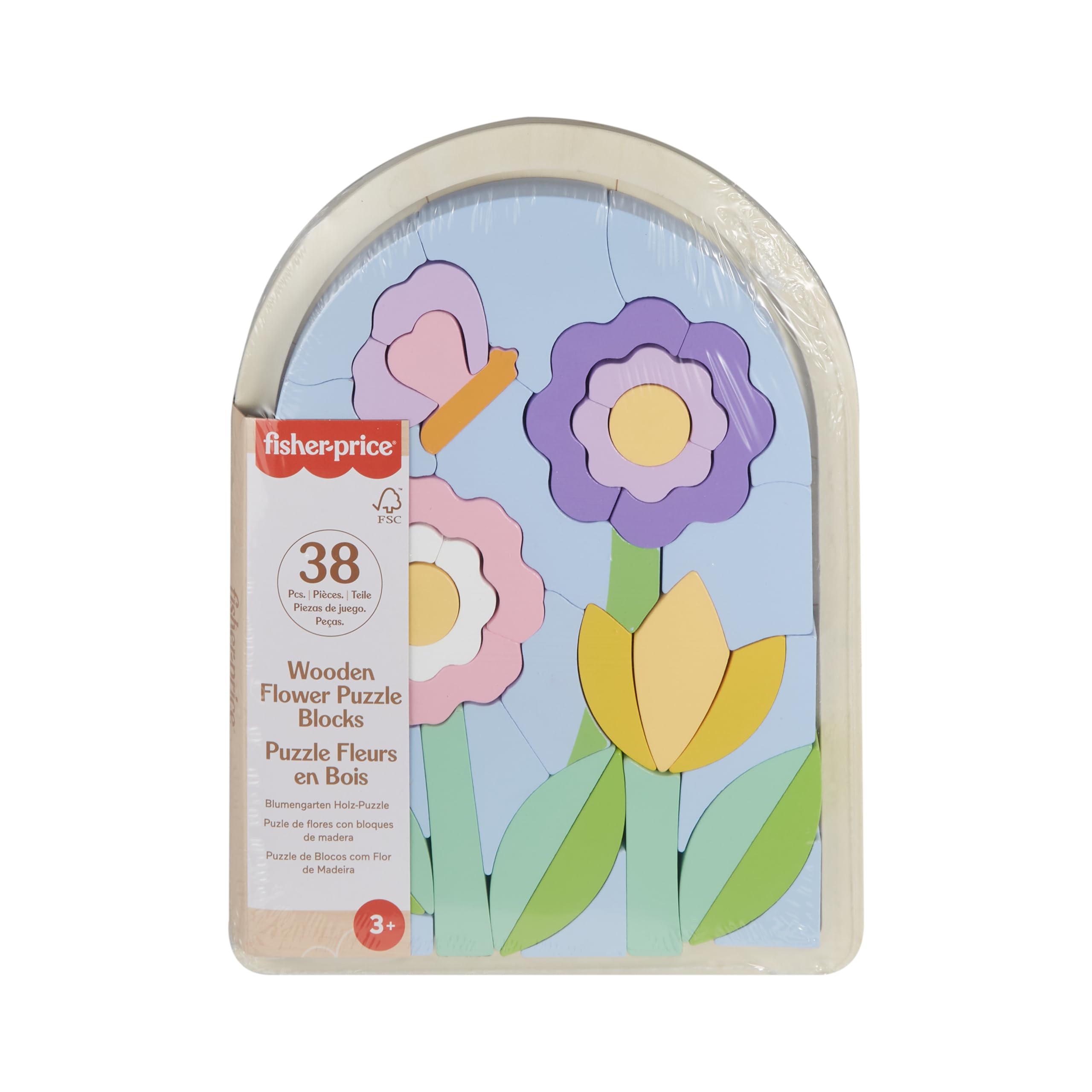 Fisher-Price kleuterspeelgoed houten bloemenpuzzel met stapelblokken, 37 FSC-gecertificeerde stukken hout voor kinderen vanaf 3 jaar, HXT97