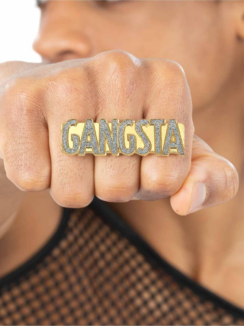 Smiffys 90s Gangsta Ring Fancy Dress Accessory for Adults Statement Gold Bling Ring with Diamante Lettering Ideal for Hip Hop Rappers 90s Throwback Parties Festivals and Fancy Dress Costumes