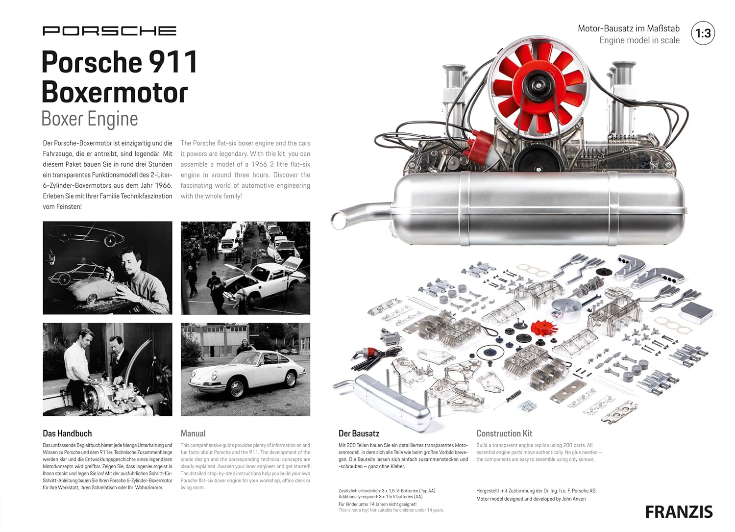 FRANZIS 67224 Porsche 911 Boxer Engine. 290 Piece Kit, Transparent Functional Model, Movable Crankshaft, Pistons and Valves, Includes Rich... Air-Cooled 6 Cylinder Engine Model