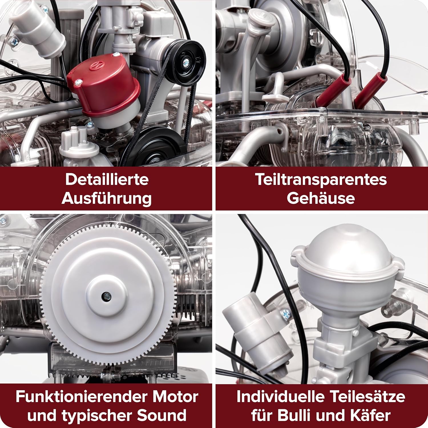 FRANZIS 67308 Volkswagen VW 4-cylinder boxer engine 2 in 1, faithful engine kit in scale 1:4, including sound module, instructions and 100-page accompanying book