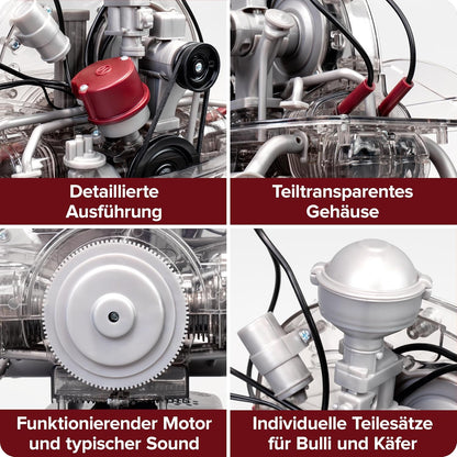 FRANZIS 67308 Volkswagen VW 4-cylinder boxer engine 2 in 1, faithful engine kit in scale 1:4, including sound module, instructions and 100-page accompanying book