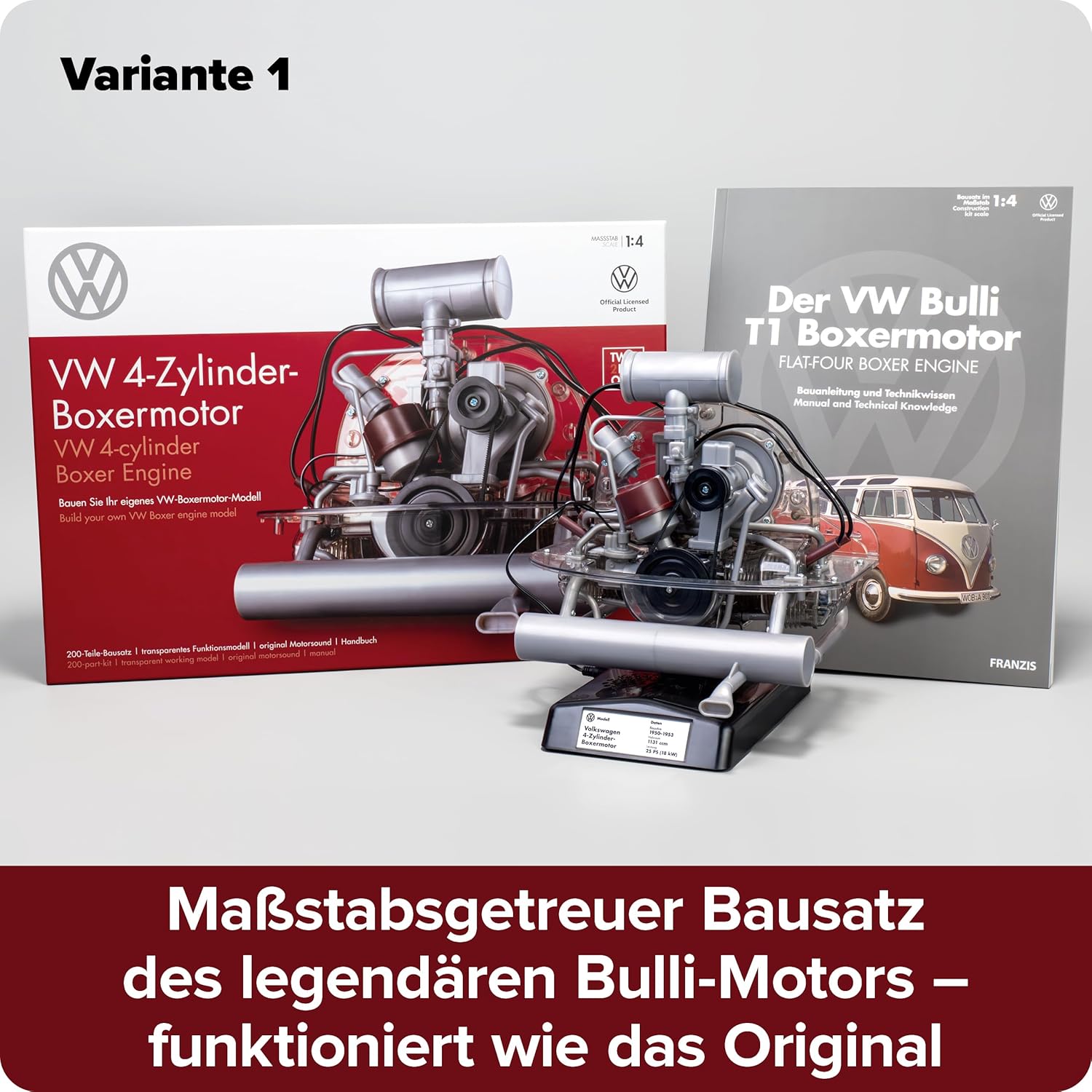 FRANZIS 67308 Volkswagen VW 4-cylinder boxer engine 2 in 1, faithful engine kit in scale 1:4, including sound module, instructions and 100-page accompanying book