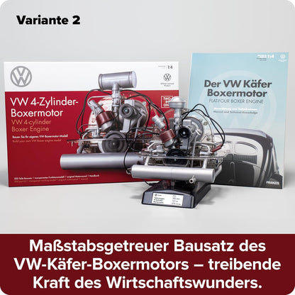 FRANZIS 67308 Volkswagen VW 4-cylinder boxer engine 2 in 1, faithful engine kit in scale 1:4, including sound module, instructions and 100-page accompanying book