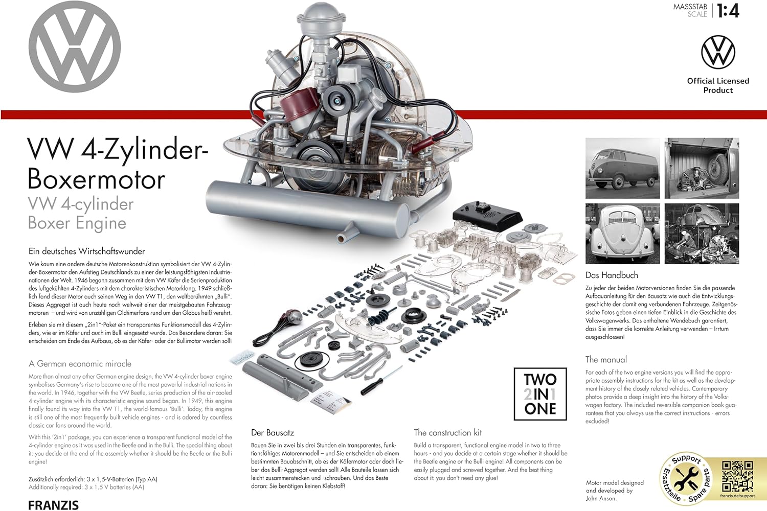 FRANZIS 67308 Volkswagen VW 4-cylinder boxer engine 2 in 1, faithful engine kit in scale 1:4, including sound module, instructions and 100-page accompanying book