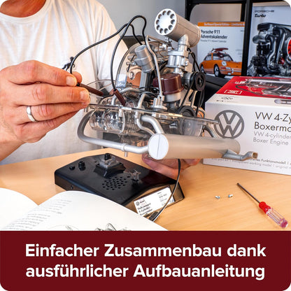 FRANZIS 67308 Volkswagen VW 4-cylinder boxer engine 2 in 1, faithful engine kit in scale 1:4, including sound module, instructions and 100-page accompanying book