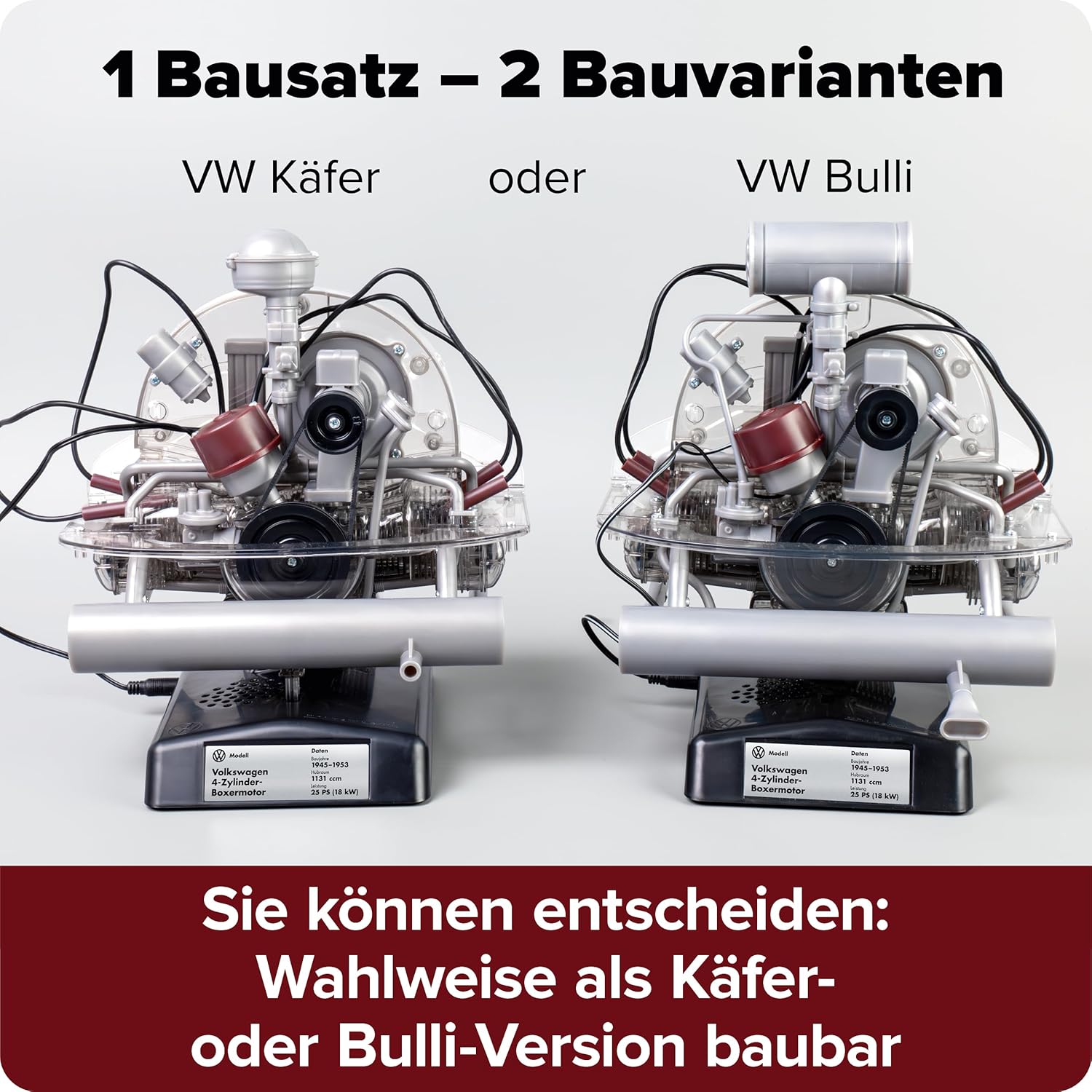 FRANZIS 67308 Volkswagen VW 4-cylinder boxer engine 2 in 1, faithful engine kit in scale 1:4, including sound module, instructions and 100-page accompanying book