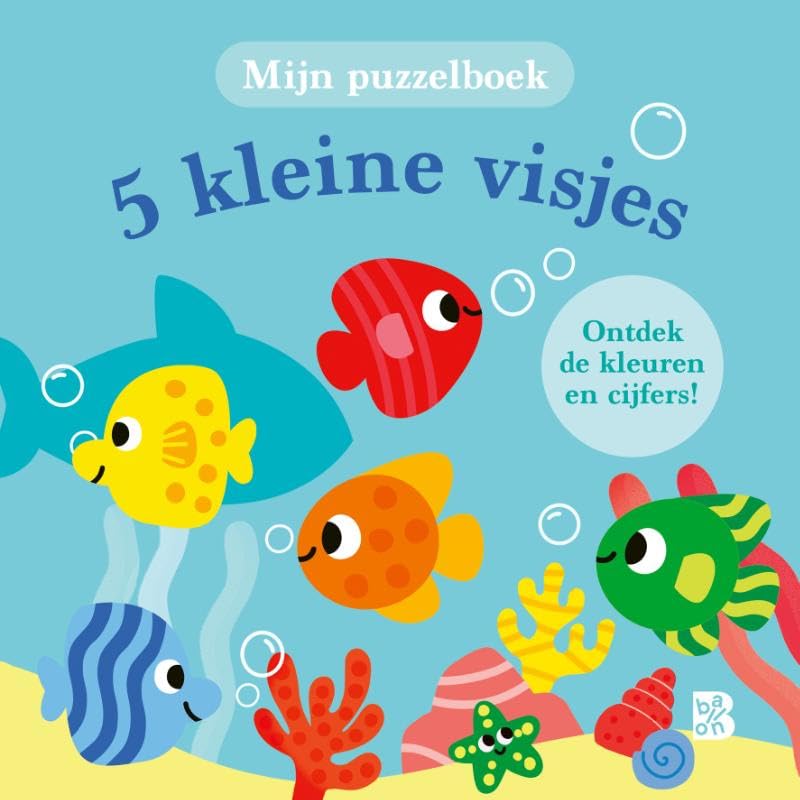 5 kleine visjes (kartonboek met puzzelstukken aan koord): Ontdek de kleuren en cijfers!