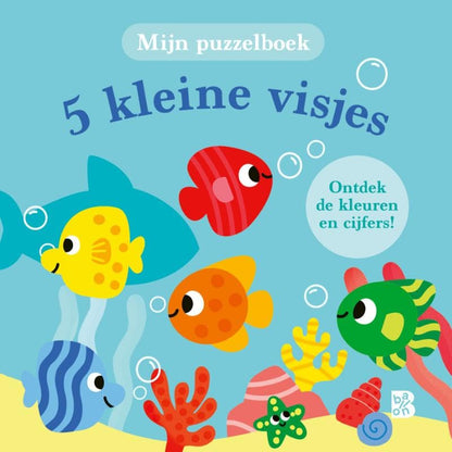 5 kleine visjes (kartonboek met puzzelstukken aan koord): Ontdek de kleuren en cijfers!