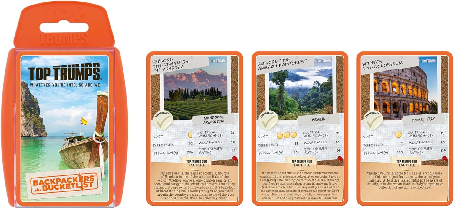 Top Trumps Backpackers' Bucketlist Learn all new stats and fascinating facts as you explore Backpackers' Bucketlist gift for ages 6 plus