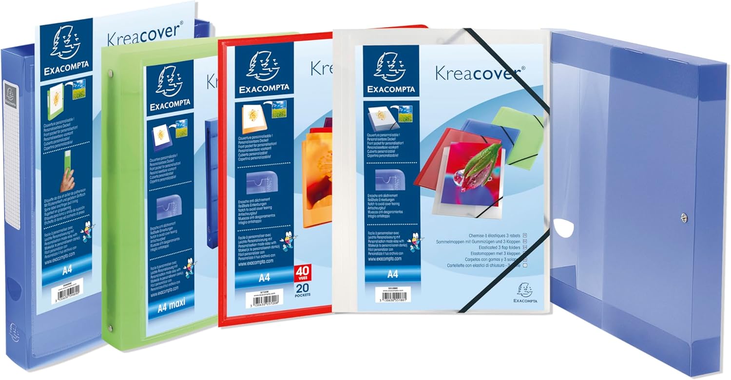 Exacompta - Ref 55188E - Kreacover Collection - Collection - Customisable PP Elastic Flap Folders - Suitable for A4 Documents, Translucent Polypropylene - Clear (Pack of 5