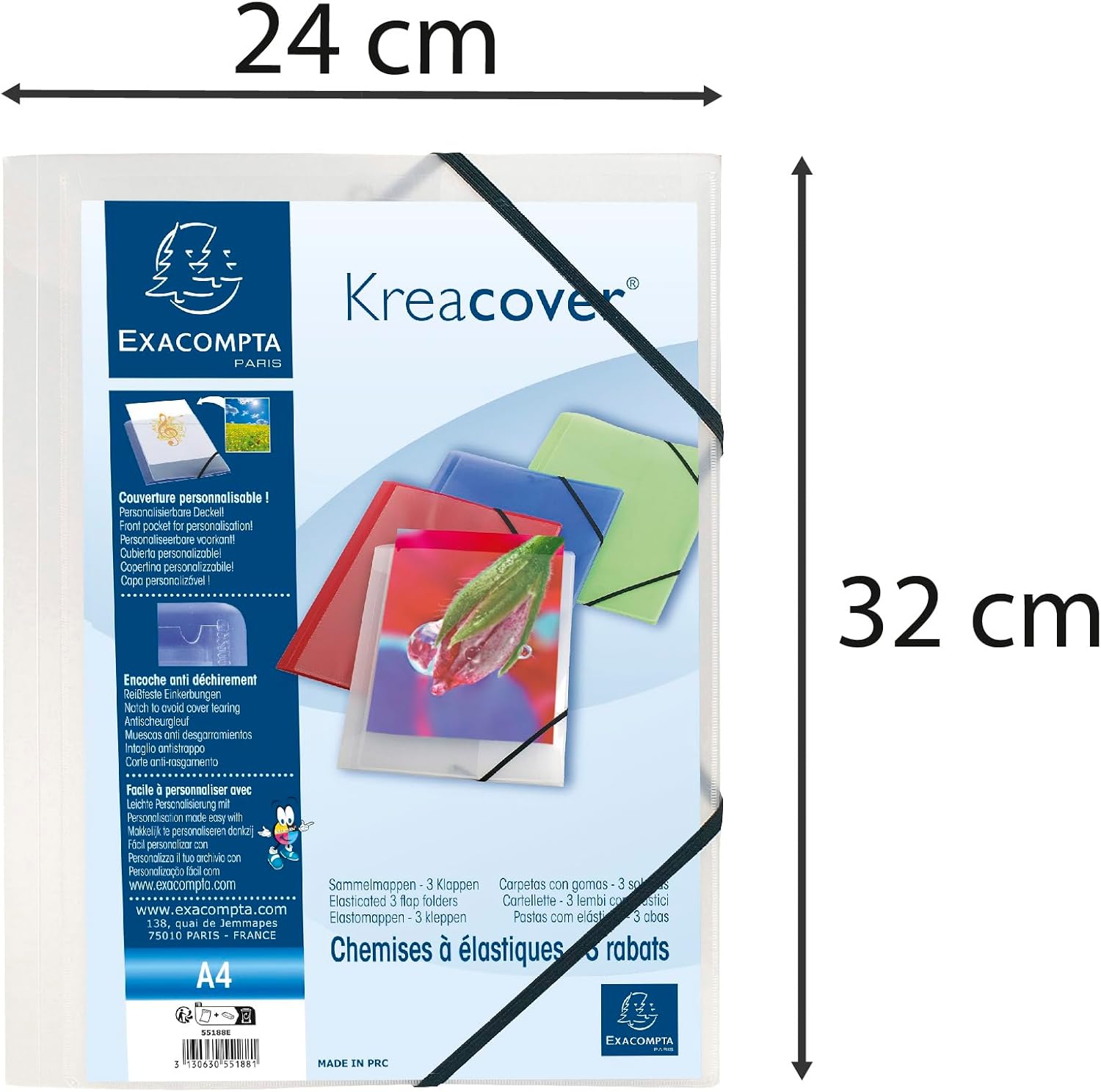 Exacompta - Ref 55188E - Kreacover Collection - Collection - Customisable PP Elastic Flap Folders - Suitable for A4 Documents, Translucent Polypropylene - Clear (Pack of 5
