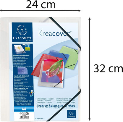 Exacompta - Ref 55188E - Kreacover Collection - Collection - Customisable PP Elastic Flap Folders - Suitable for A4 Documents, Translucent Polypropylene - Clear (Pack of 5