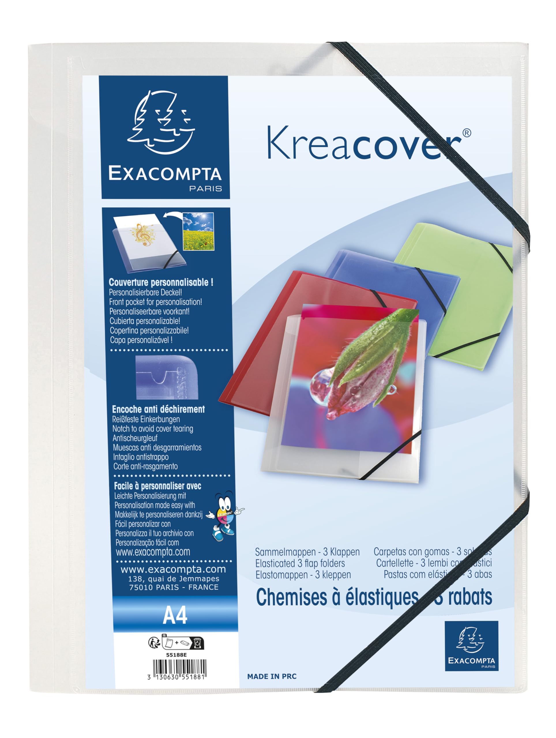 Exacompta - Ref 55188E - Kreacover Collection - Collection - Customisable PP Elastic Flap Folders - Suitable for A4 Documents, Translucent Polypropylene - Clear (Pack of 5