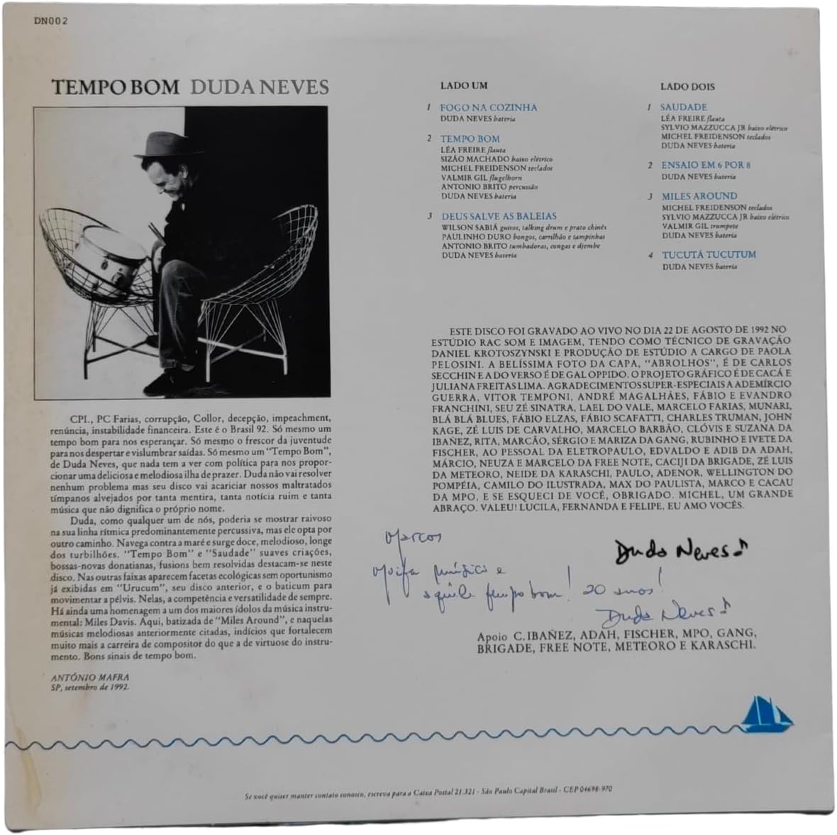 Duda Neves - Tempo Bom vinil 1992 | Disco de Vinil | Selo BMG Ariola Com Dedicatória