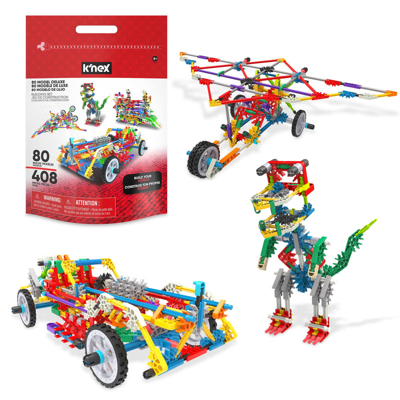 Basic Fun K'NEX Deluxe Building Set – 408 Piece STEM Kit with 80 Model Ideas & Storage Bag – Educational Construction Toy for Kids Aged 7+