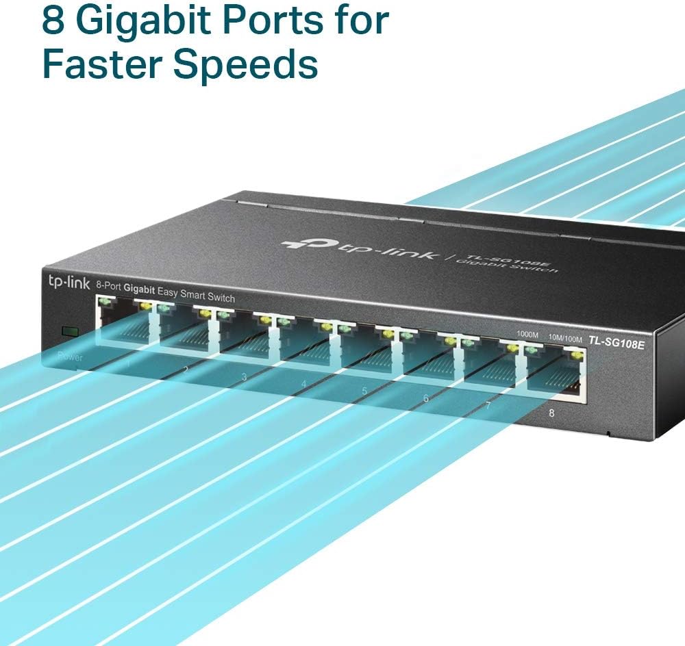 TP-Link TL-SG108E 8-Port Gigabit Managed Network Switch, 10/100/1000Mbps RJ45 Ports, Support QoS VLAN IGMP Snooping, Energy-Saving Ethernet Splitter, Network Monitoring Through Web Interface