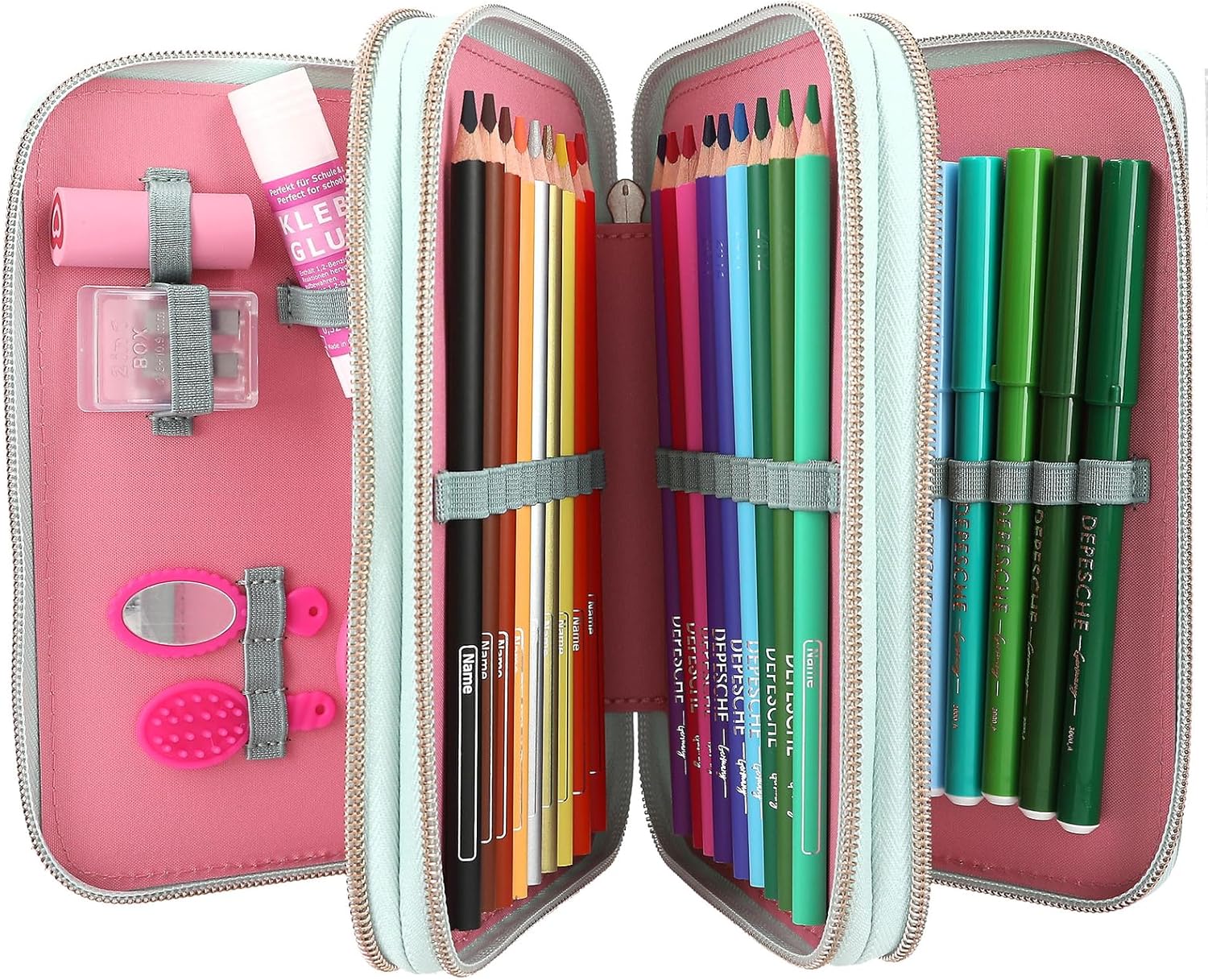 Miss Melody - Triple Pencil Case With Horse Head Application - Sage Green
