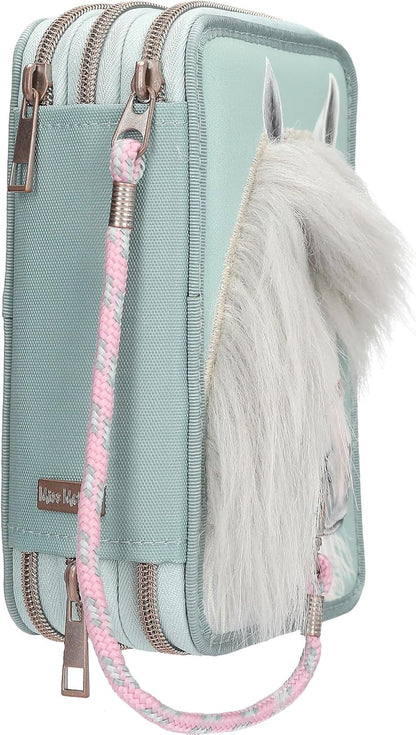 Miss Melody - Triple Pencil Case With Horse Head Application - Sage Green