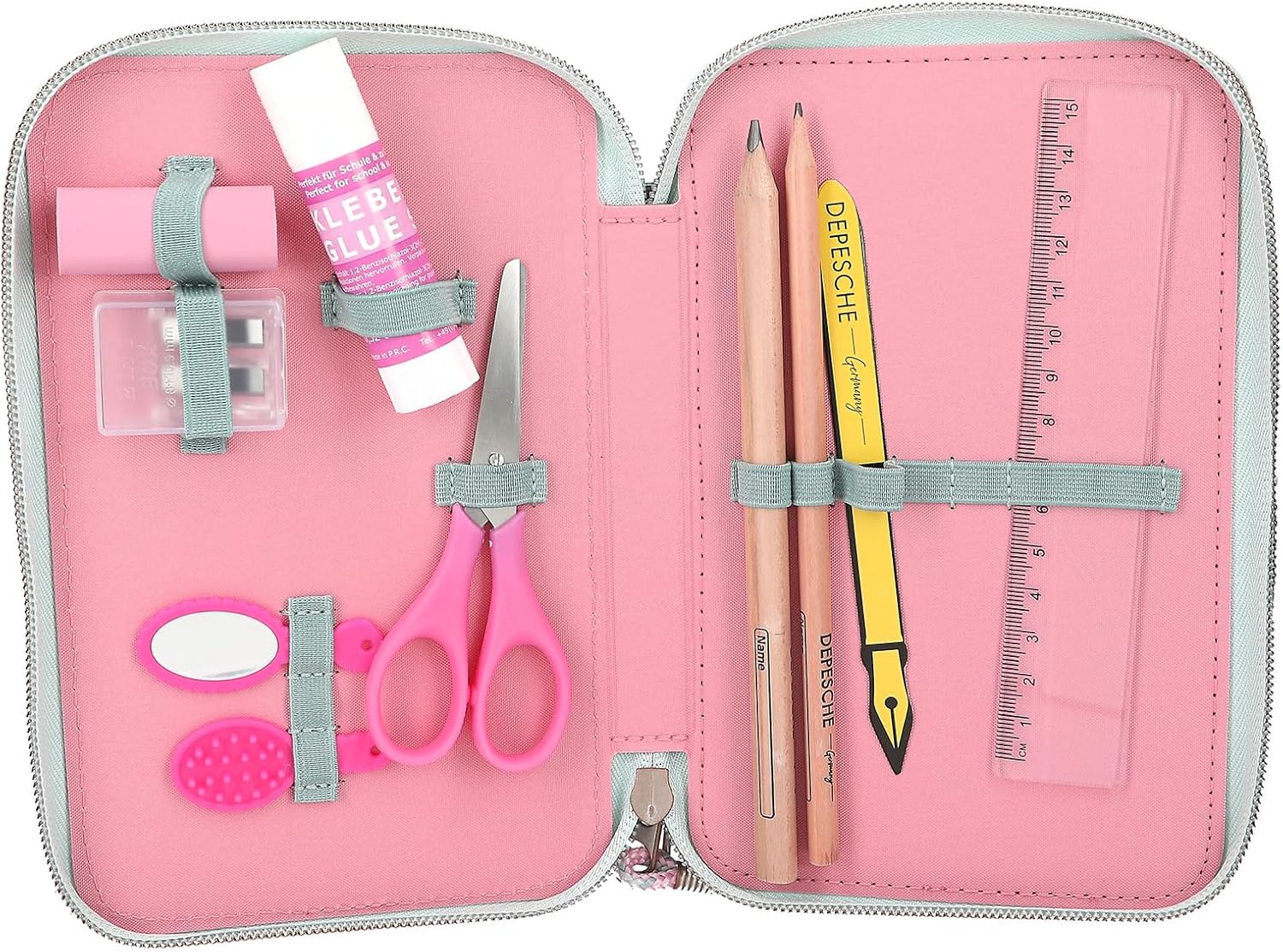 Miss Melody - Triple Pencil Case With Horse Head Application - Sage Green