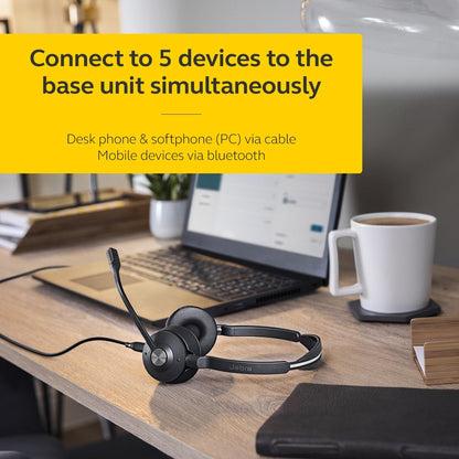 Engage 75 SE Headset with headband pad, Base, Power supply, 1.5m USB-C to USB-A Cable, Desk phone cable, Quick start guide, Warranty and warning (safety leaflets)